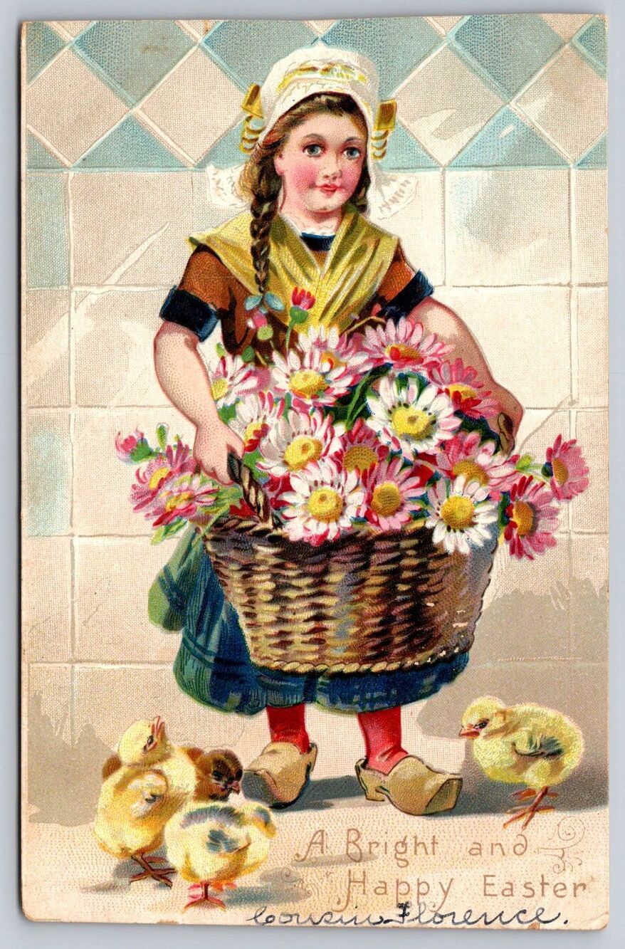Postcard Easter Dutch Girl Flower Basket Chicks Embossed Tuck Unposted c1905 UDB